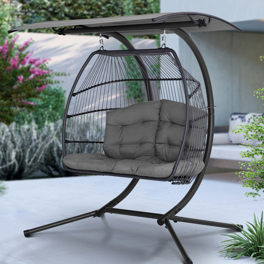 Gardeon Outdoor Furniture Lounge Hanging Swing Chair Egg Hammock Stand Rattan Wicker Grey