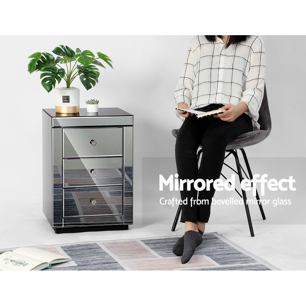 Mirrored Bedside table Drawers Furniture Mirror Glass Presia Smoky Grey