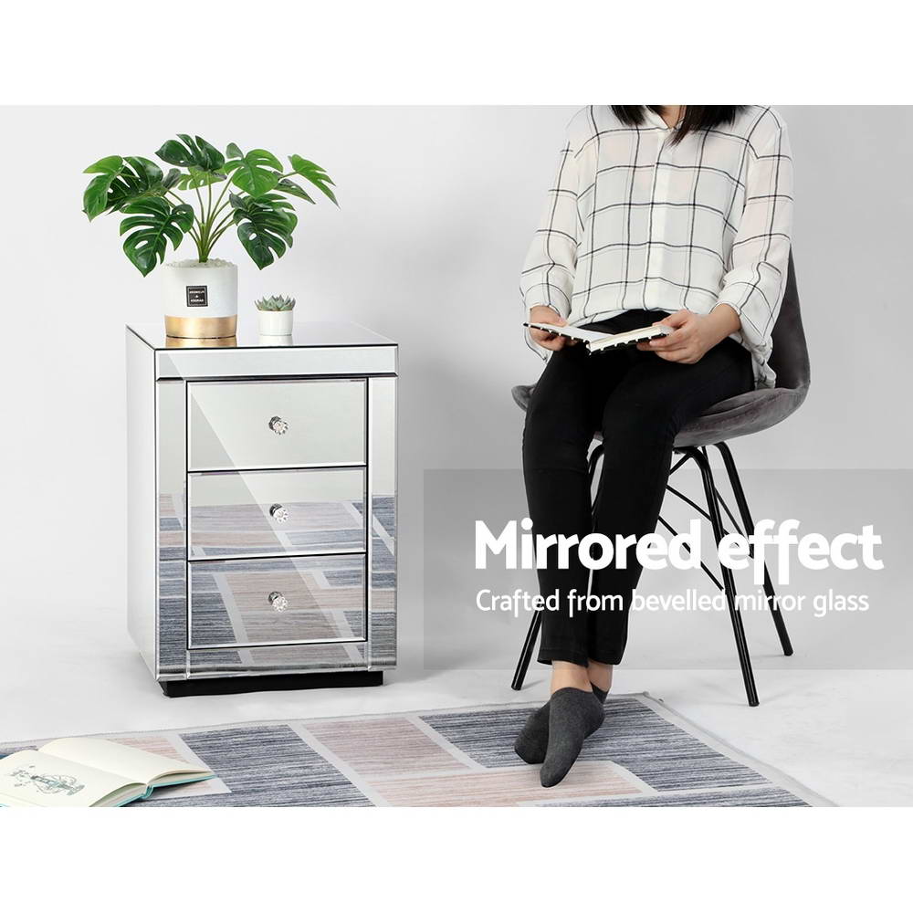 Mirrored Bedside Table Drawers Furniture Mirror Glass Presia Silver