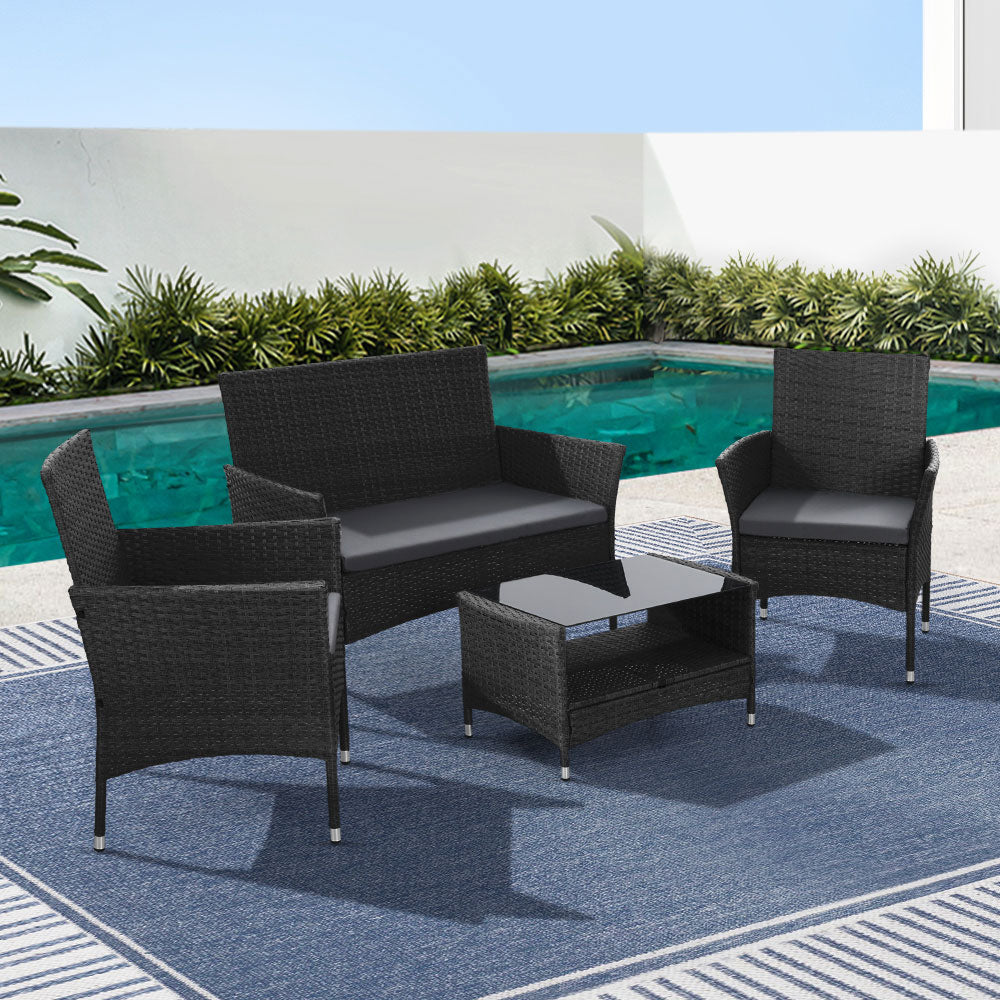 Gardeon 4 Piece Outdoor Dining Set Furniture Lounge Setting Table Chairs Black