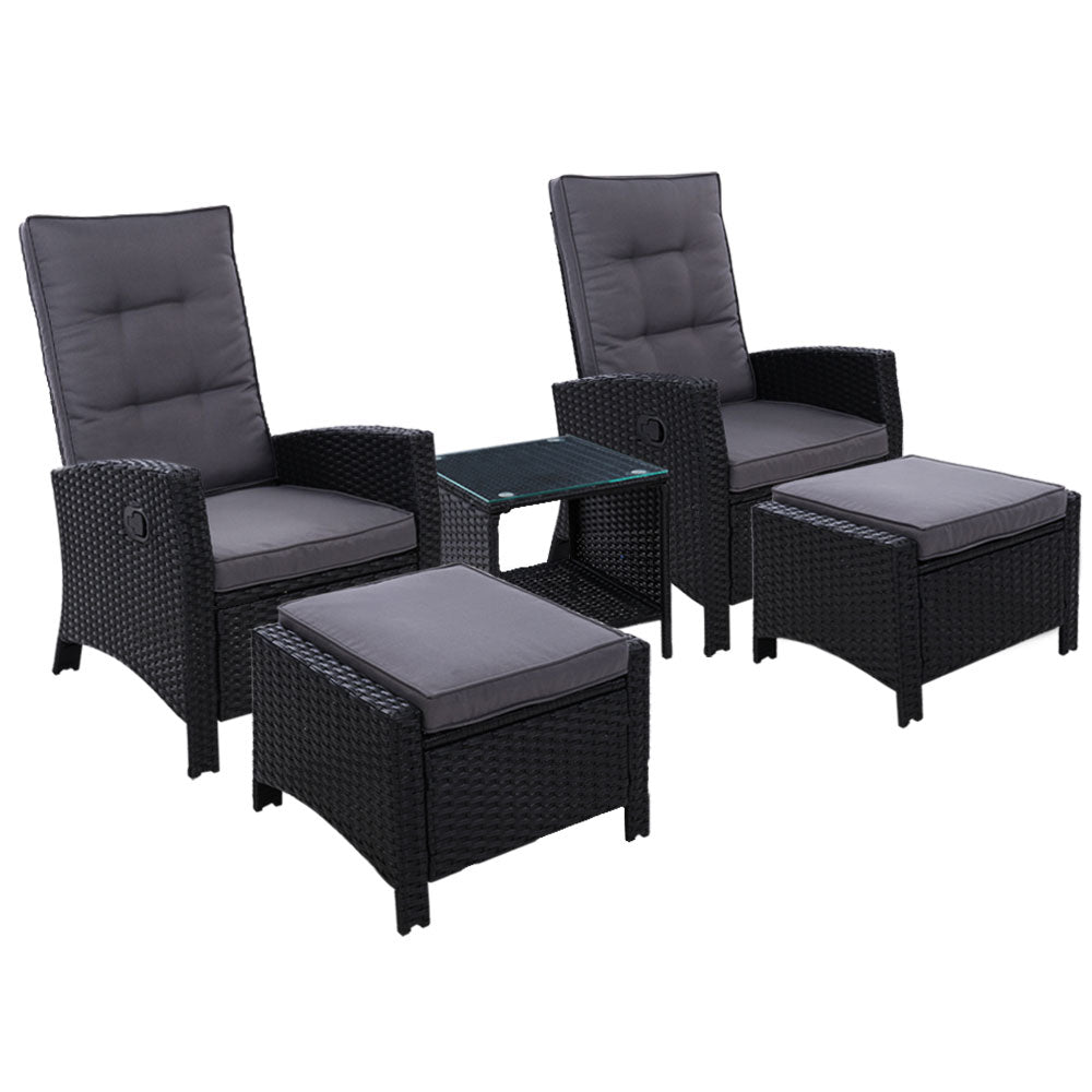 Gardeon Outdoor Patio Furniture Recliner Chairs Table Setting Wicker Lounge 5pc Black