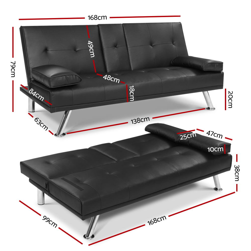 3 Seater PU Leather Sofa Bed - 168cm - Black