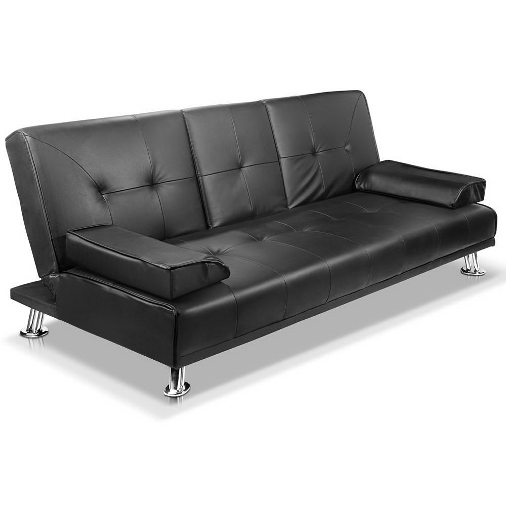 3 Seater PU Leather Sofa Bed - 188cm - Black