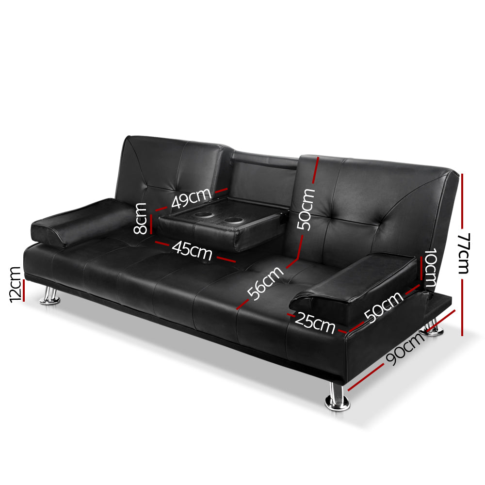 3 Seater PU Leather Sofa Bed - 188cm - Black