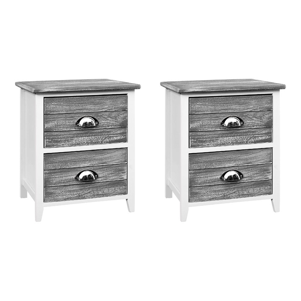 Vintage Bedside Table Nightstands 2 Drawers Storage Cabinet Bedroom Side Grey - Set of 2