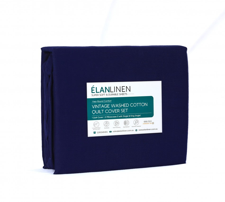 Elan Linen 100% Egyptian Cotton Vintage Washed 500TC Navy Blue Super King Quilt Cover Set