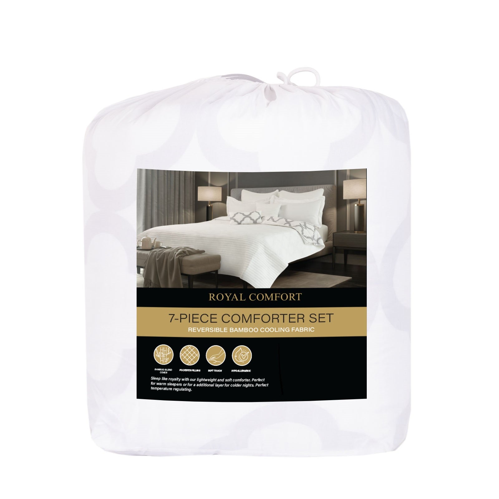 Royal Comfort Bamboo Cooling Reversible 7 Piece Comforter Set Bedspread - King - White