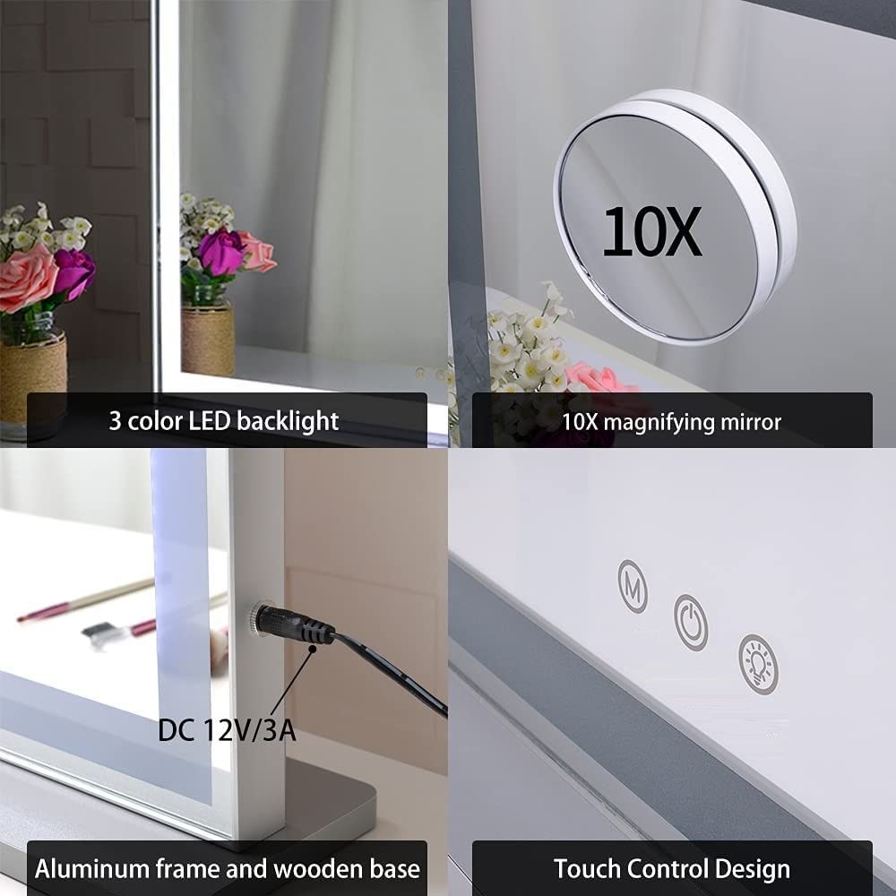 Hollywood LED Makeup Mirror with Smart Touch Control and 3 Colors Dimmable Light (72 x 56 cm)