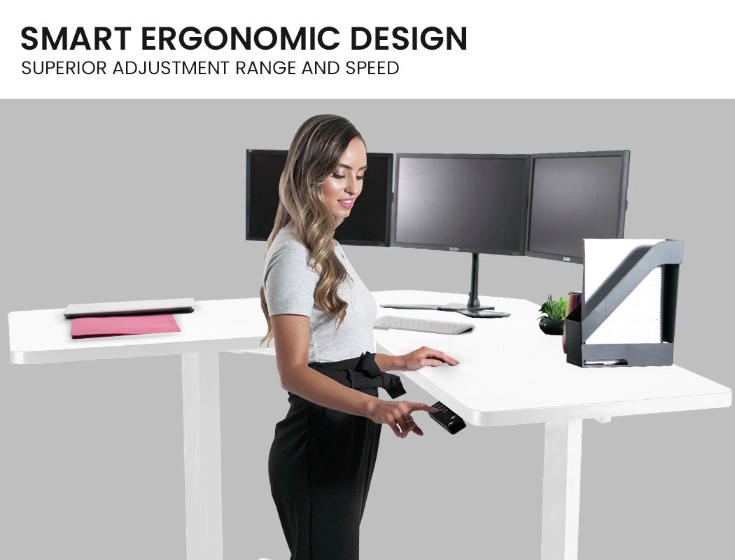 Fortia Sit To Stand Up Corner Standing Desk, 72-120cm, Dual Motor, Electric Height Adjustable, 80kg Load, White/White Frame