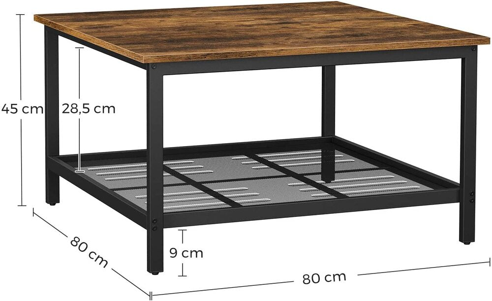 VASAGLE Coffee Table Square Cocktail Table with Spacious Table Top Robust Steel Frame and Mesh Storage Shelf Industrial Style for Living Room Rustic Brown and Black LCT065B01