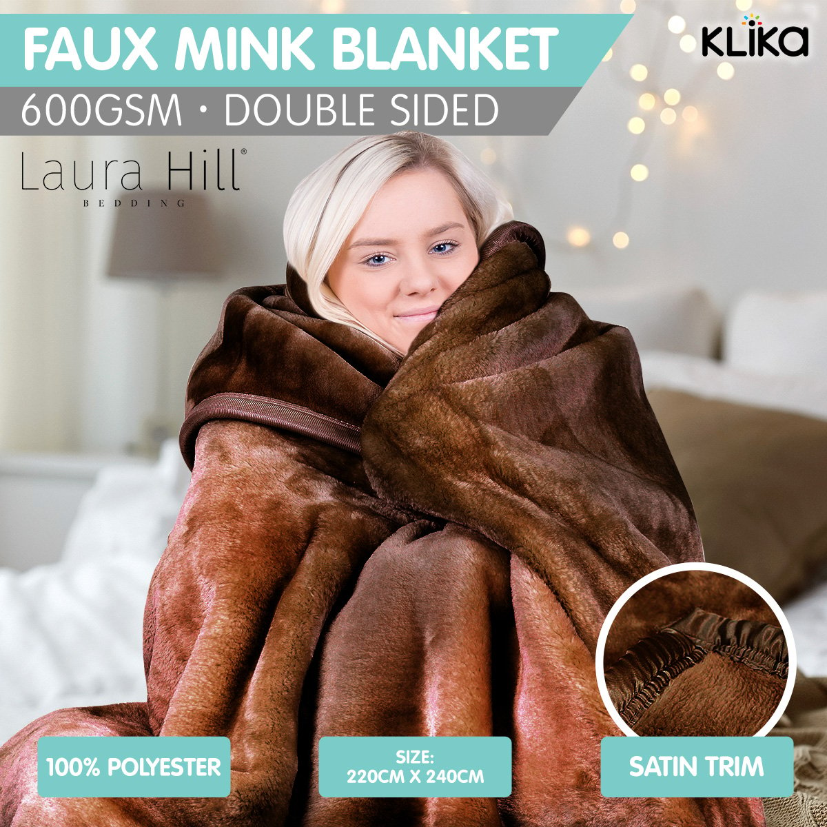 Laura Hill Mink Blanket Double Sided Queen Size Soft Plush Bed Faux Throw Rug 220 X 240cm