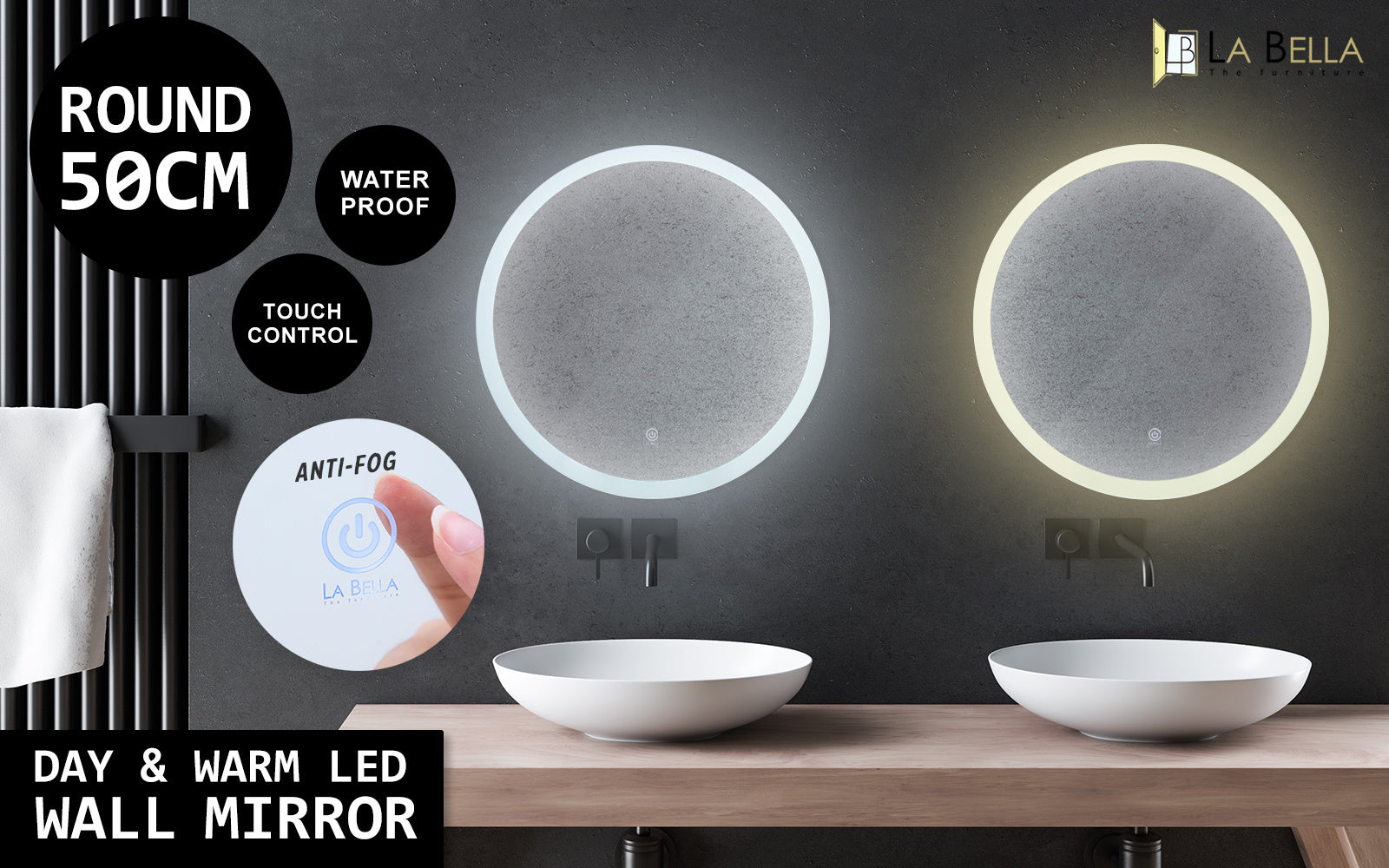 LED Wall Mirror Round Touch Anti-Fog Makeup Decor Bathroom Vanity 50cm