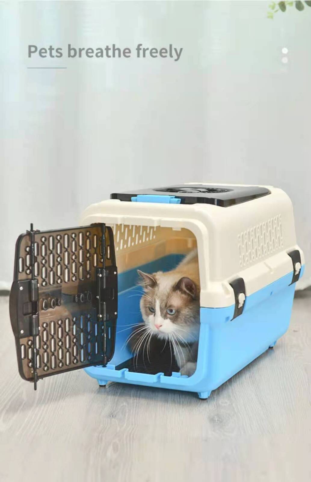 Medium Dog Cat Crate Pet Rabbit Carrier Travel Cage With Tray & Window Blue