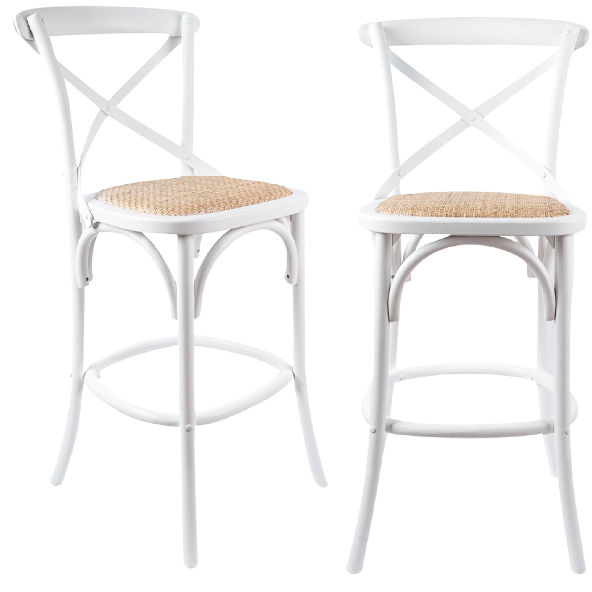 2pc Crossback Bar Stools Dining Chair Solid Birch Timber Rattan Seat White