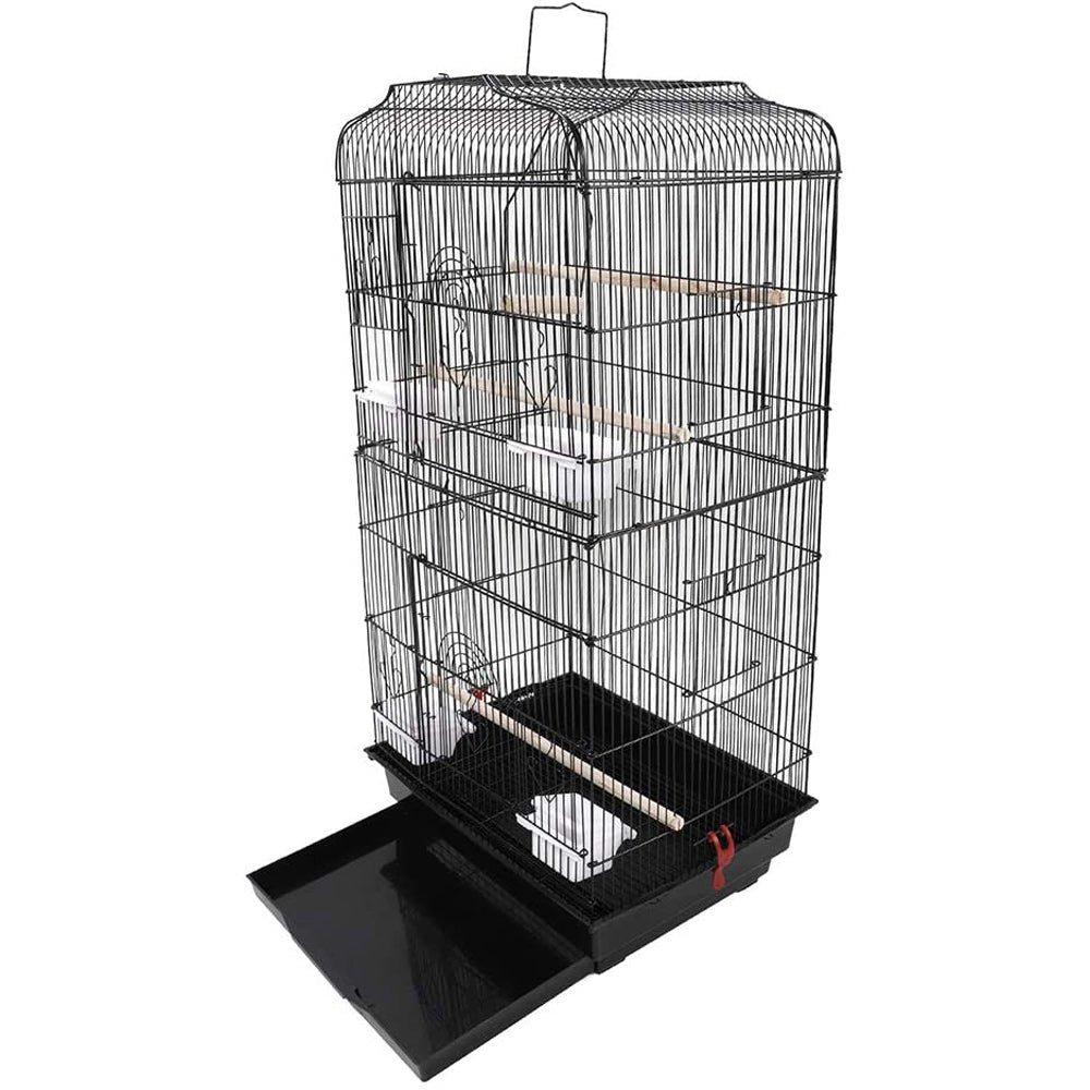 Large Portable Wire Bird Cage Birdcage  Parrot Cage Wooden Stand Pole Feeding Cup Black