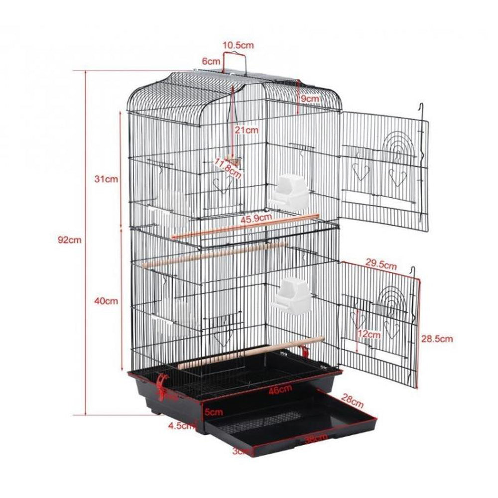 Large Portable Wire Bird Cage Birdcage  Parrot Cage Wooden Stand Pole Feeding Cup Black