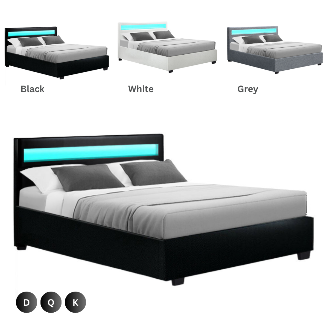 LED Bed - Gas lift Storage Brooklyn Bed - Black White or Grey