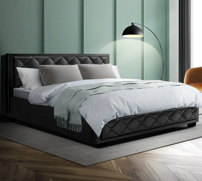 Leather Bed - Gas Lift Storage - Black, White, Grey