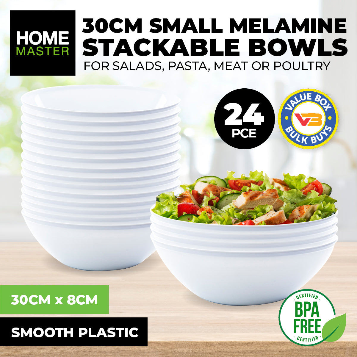 Home Master 24PCE Melamine Bowls Stackable Lightweight Durable 30cm