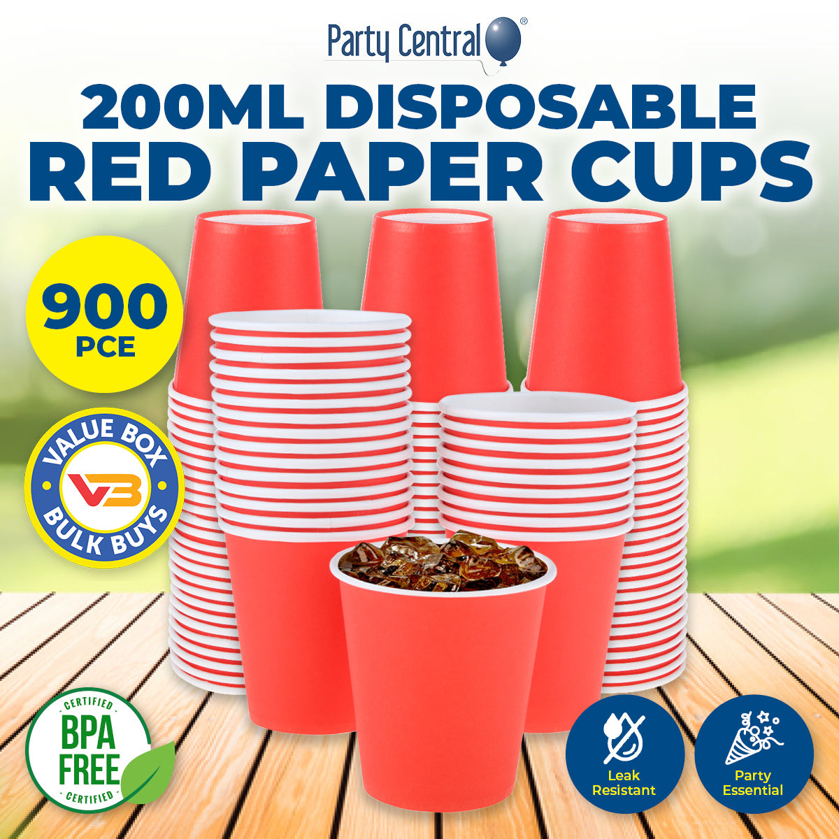 Party Central 900PCE Red Paper Cups Disposable Leak Resistant 200ml