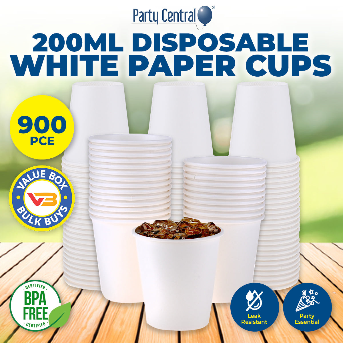 Party Central 900PCE White Paper Cups Disposable Leak Resistant 200ml