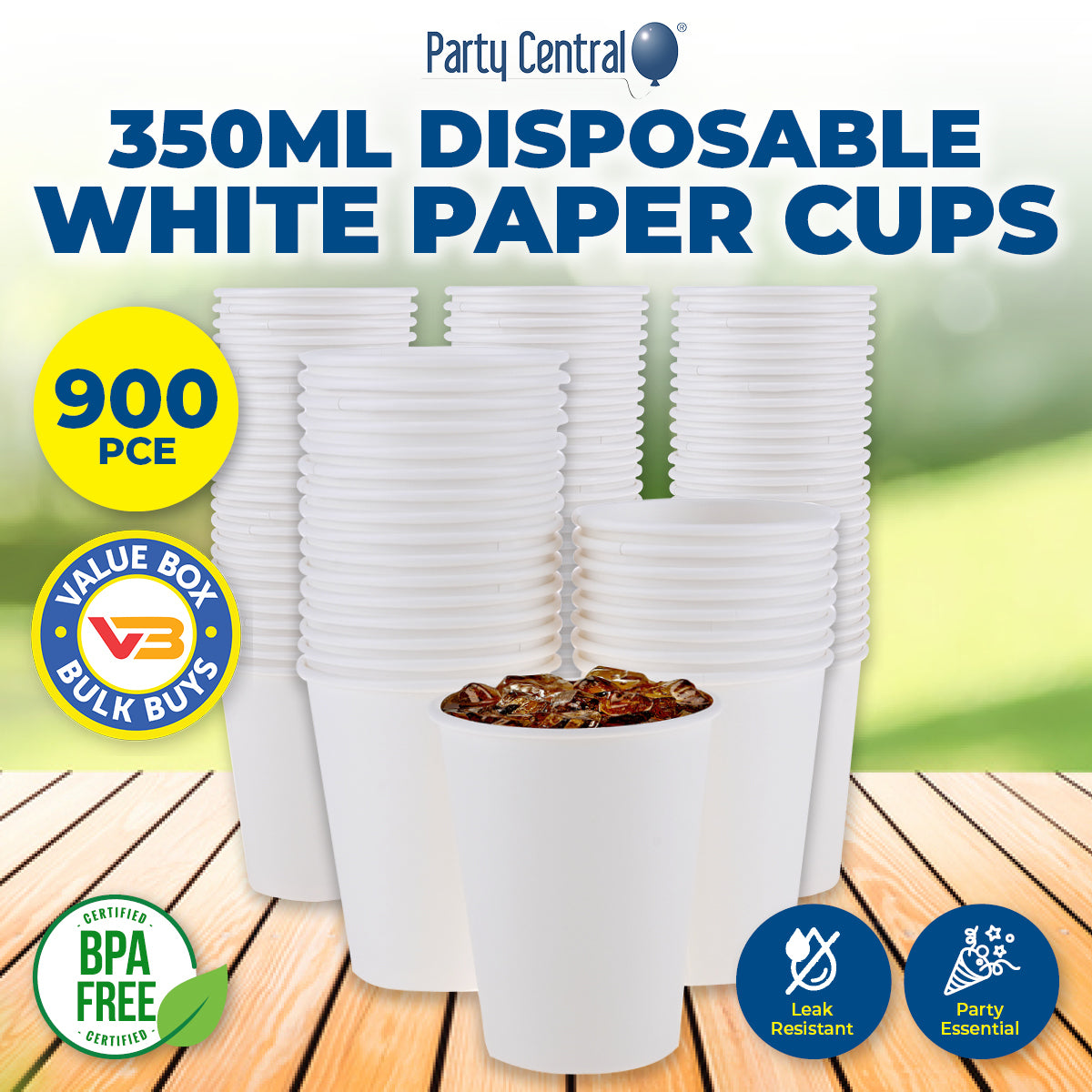 Party Central 900PCE White Paper Cups Disposable Leak Resistant 350ml