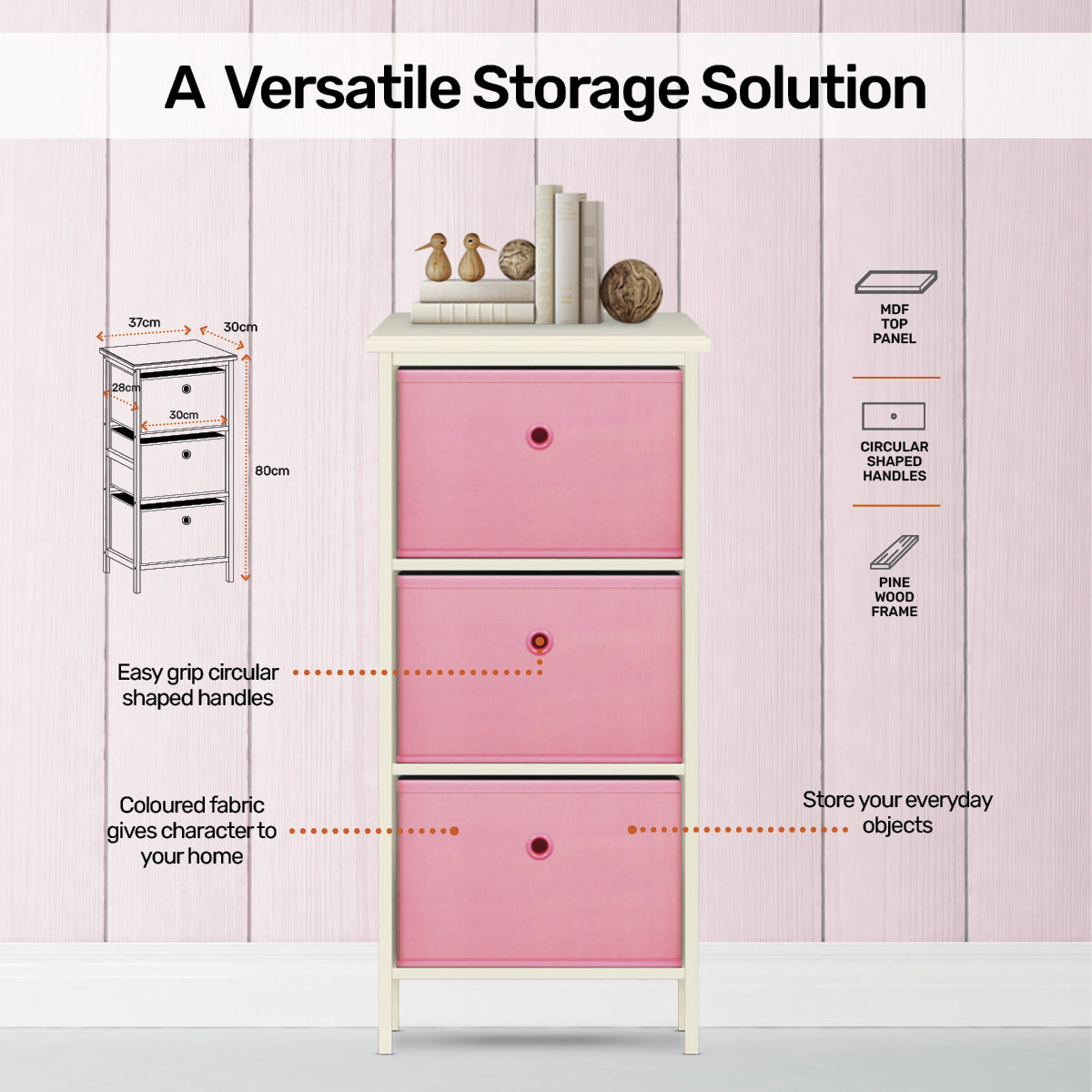 Home Master 3 Drawer Pine Wood Storage Chest Pink Fabric Baskets 70 x 80cm