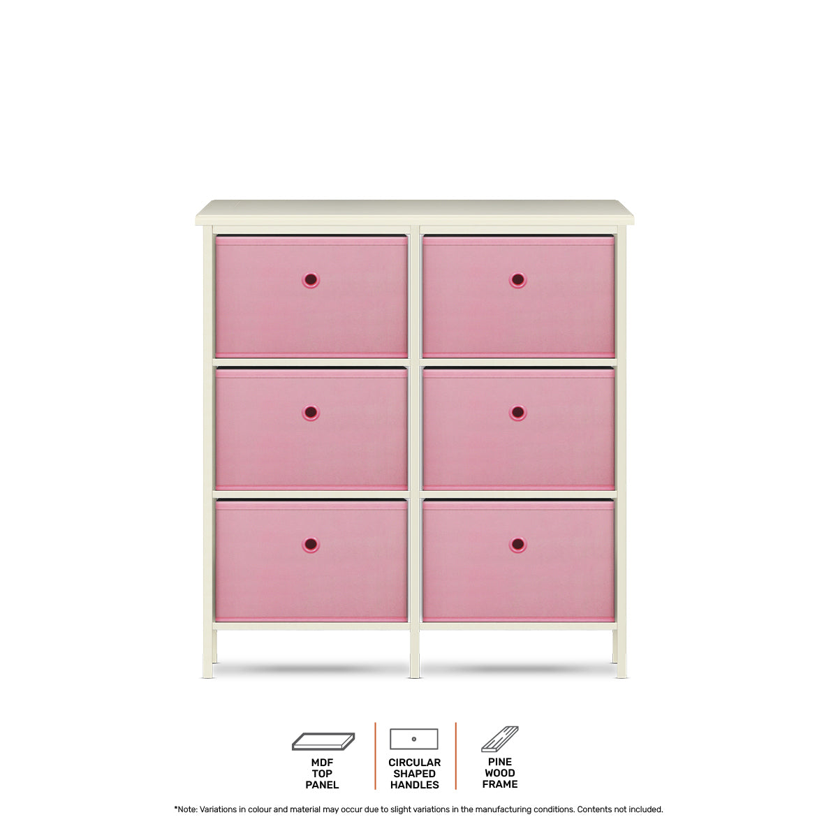 Home Master 6 Drawer Pine Wood Storage Chest Pink Fabric Baskets 70 x 80cm